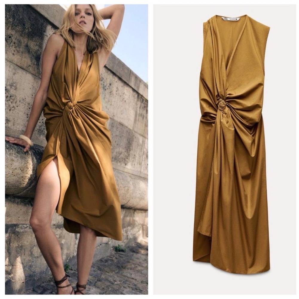 Zara Oversized Knot Midi Dress sz M Mustard poplin artsy minimalist lagen